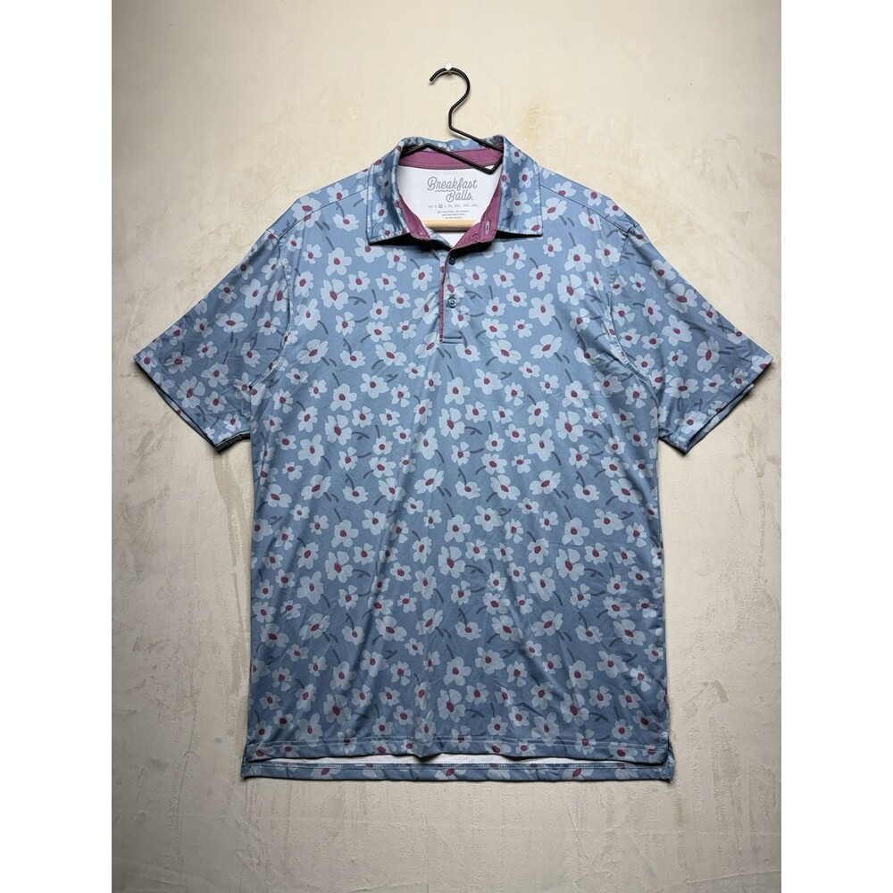 Breakfast Balls Golf Shirt Men’s Medium Polo Floral Graphic Blue Performance